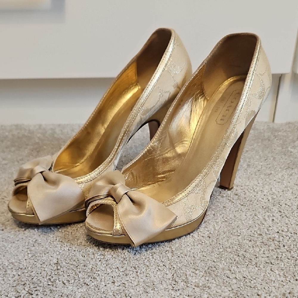 Coach Gold Peep-Toe Heels with Bow